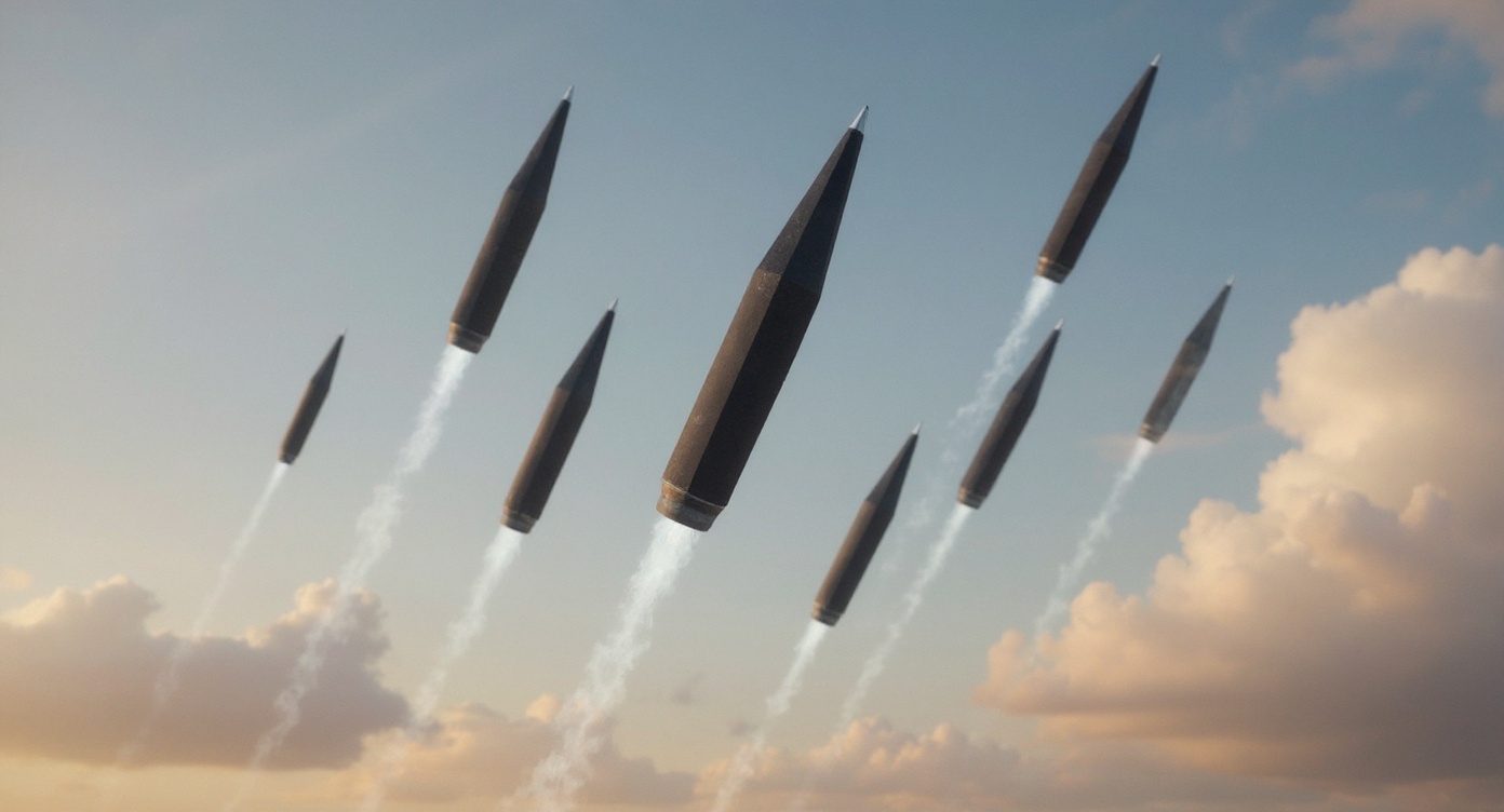 A mass salvo of hypersonic kinetic darts climbing through the sky